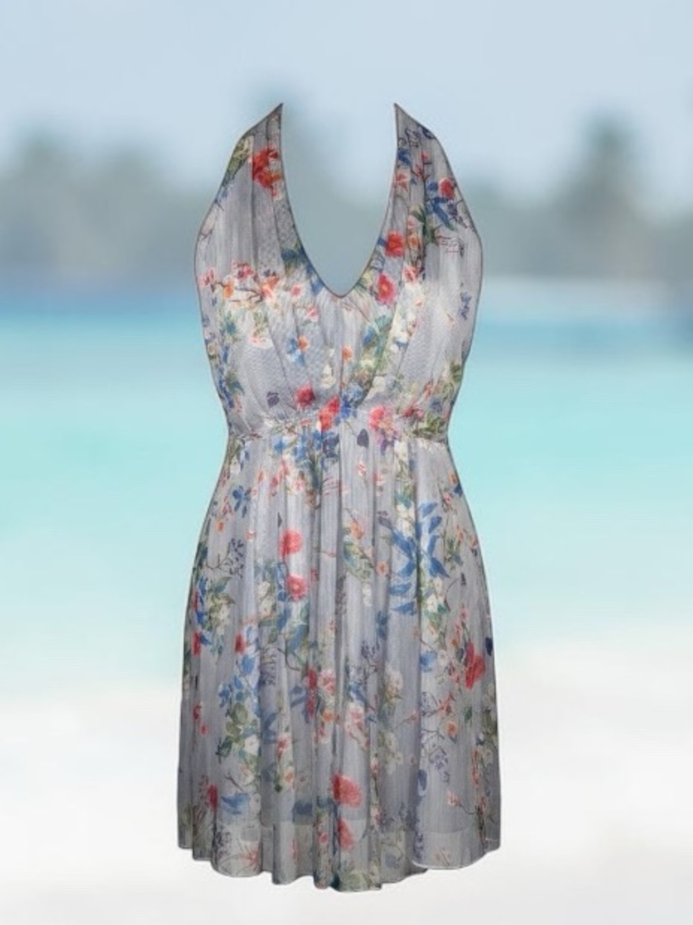 Papillon Floral Halter Dress in Light Gray with Multicolor Print